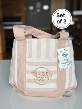 (Set of 2) Trader Joe’s Mini Canvas Tote Bag 💐 Tan Beige Pastel Striped totes